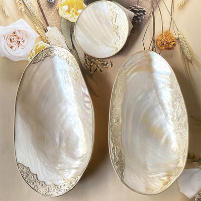 Pearl Shell Fruit Tray with Jewelry Holder, Mother of Pearl Platter for Dining & Photo Prop Decor Ceramic Shell Dish
