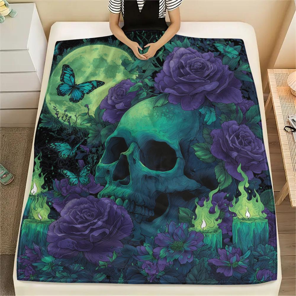 

Flower Skull Print Flannel Blanket, High quality Comfortable for All Seasons, Home Decor, Warmth and Comfort 80cm x 120cm