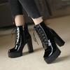 Fashion Ultra-high Heel Boots Women Round Head Thick with Waterproof Platform Lace-up Boots Patent Leather High-heeled Boots