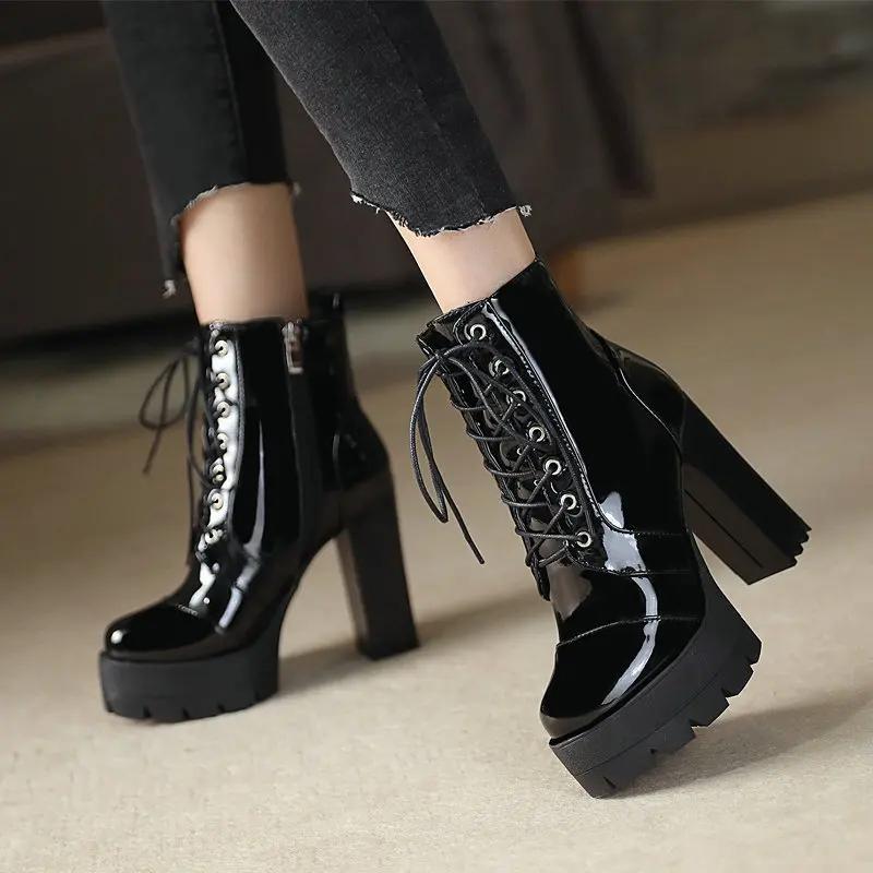Fashion Ultra-high Heel Boots Women Round Head Thick with Waterproof Platform Lace-up Boots Patent Leather High-heeled Boots