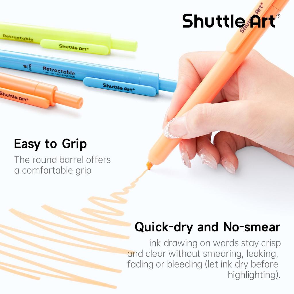 Shuttle Art Highlighter Pastel Neon Chisel for Diary Card SNS Pens, 12-Pack, Retractable, & Colors, Soft, Vibrant, Water-Based, Tip, Quick-Drying,