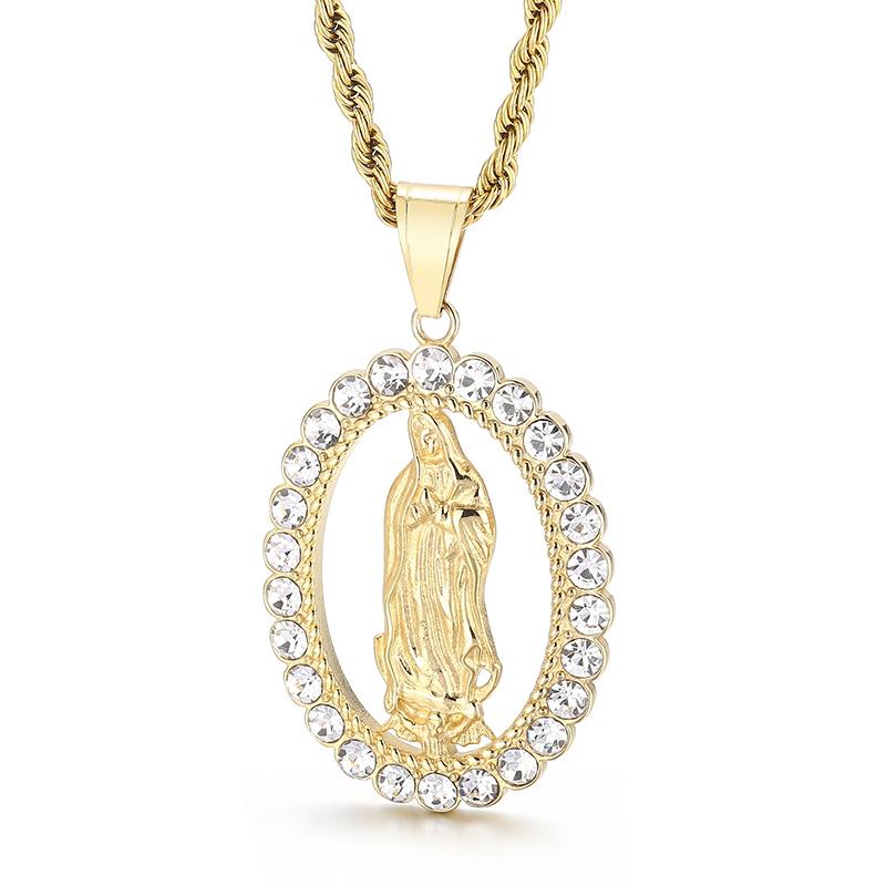 

Hip Hop Catholic Virgin Mary Pendant Necklace for Men Women Gold Color Stainless Steel Jewelry Personalized Zirconia Accessories 60cm 24 inches