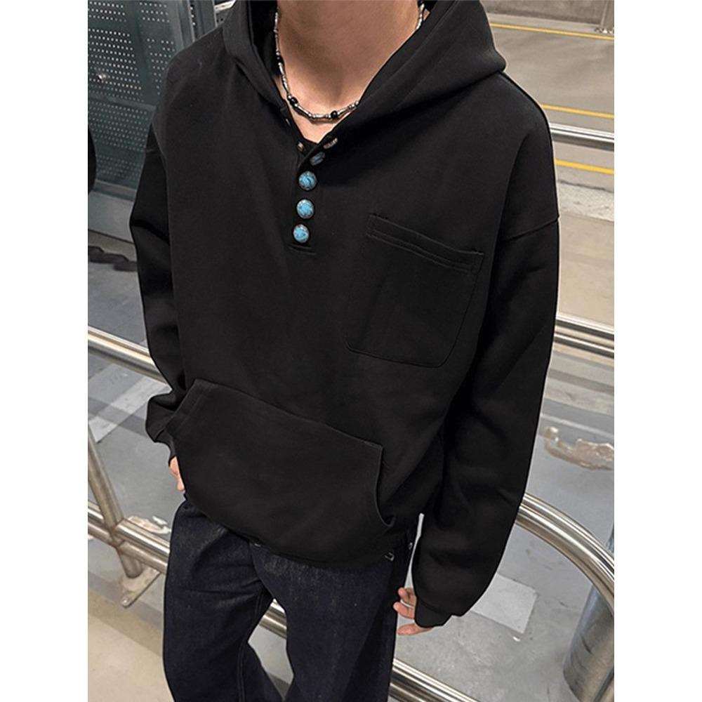 Unisex Retro Henley Neck Pullover Hoodie: Autumn/Winter Casual Long-Sleeve Top