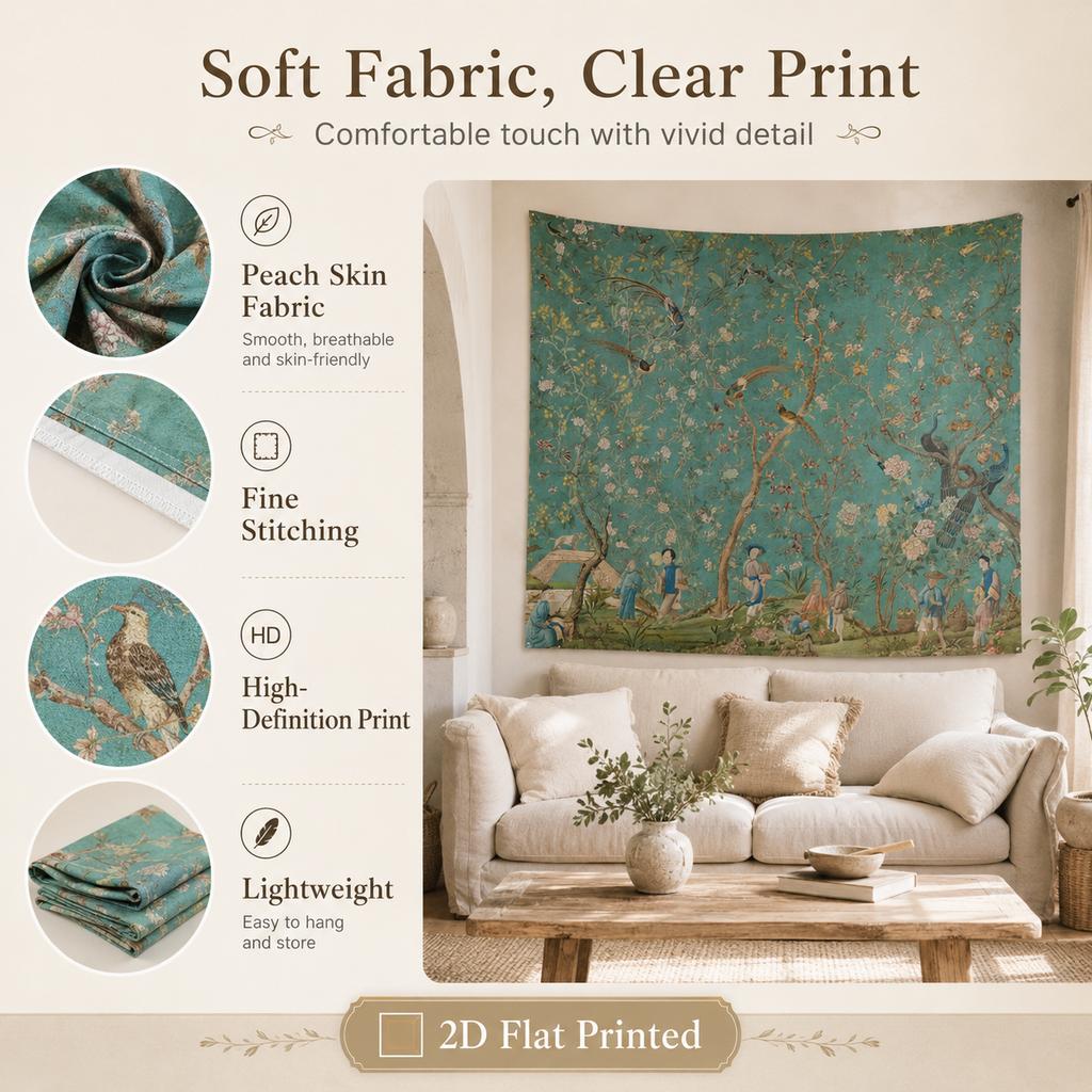 Arazzo da Giardino Chinoiserie Vintage Stampa Piatta 2D Pelle di Pesca da Appendere a Parete Sfondo Floreale con Uccelli per Decorazione del Soggiorno
