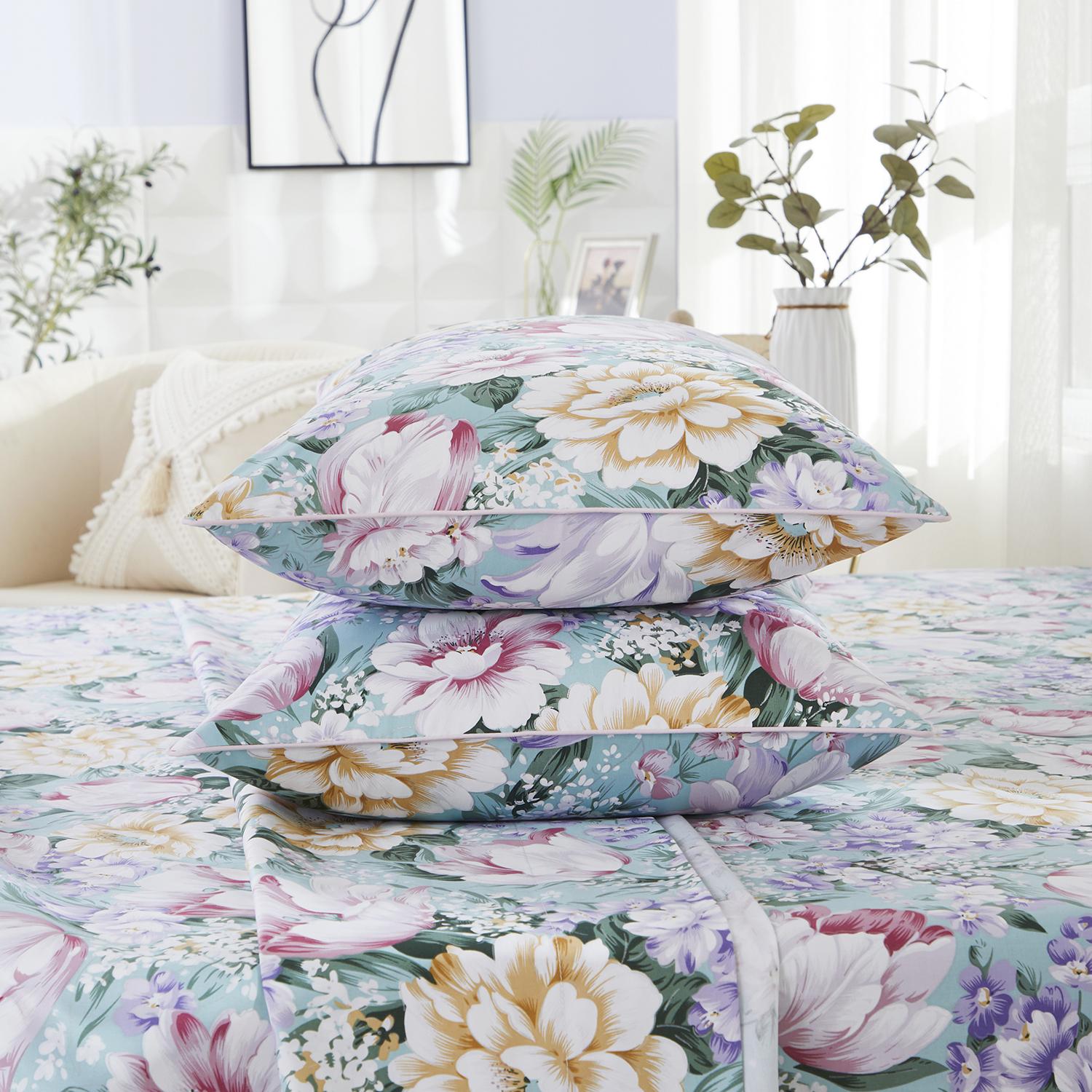 

Набор простыней на резинке из 100% египетского хлопка 600 ТС, 4 шт. (Без ядра), Принт с садовыми цветами, мягкий, дышащий и приятный для кожи Twin фиолетовый