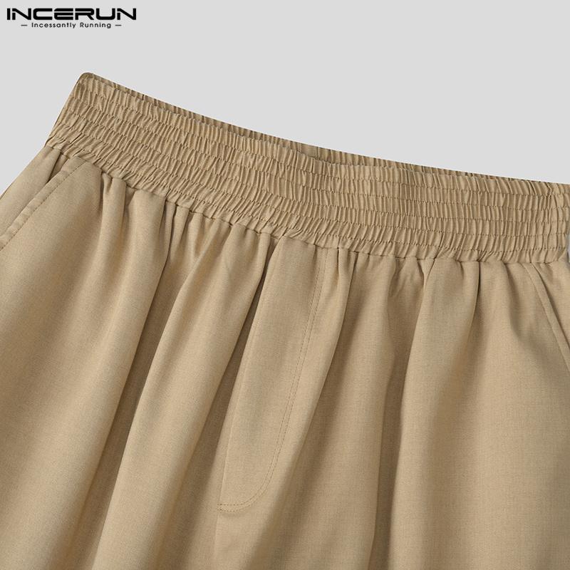 INCERUN Men High Elastic Waist Ruffled Casual Loose Long Trousers Pants With Pockets