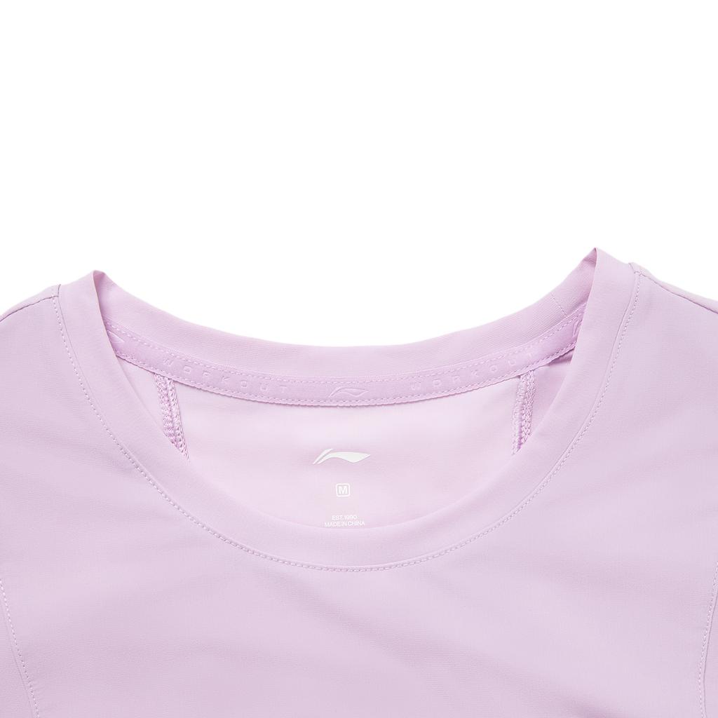 Li Ning Fitness Series Jednobarevné tričko s kulatým výstřihem, pohodlné, prodyšné, všestranné, s krátkým rukávem, dámské tričko, soumrakově fialové ATSV136-3