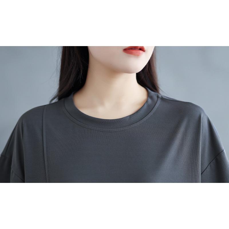 Dimanaf 2025 Summer Plus Size Tops Cotton O-Neck T-Shirt Solid Asymmetrical Women Short Sleeve Loose Tees