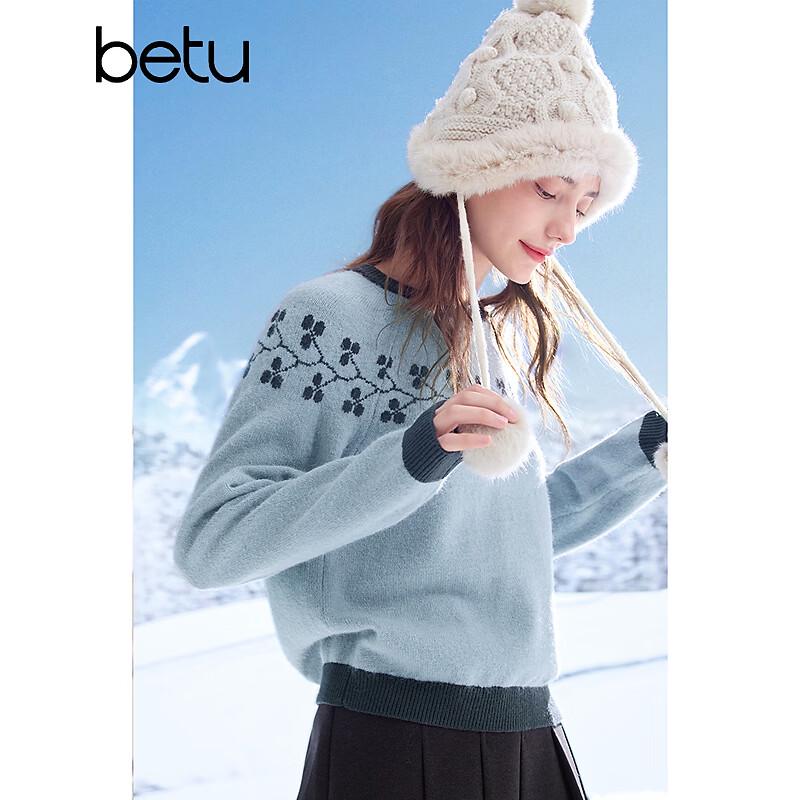 Betu Women's Winter Color Block Jacquard Round Neck Sweater