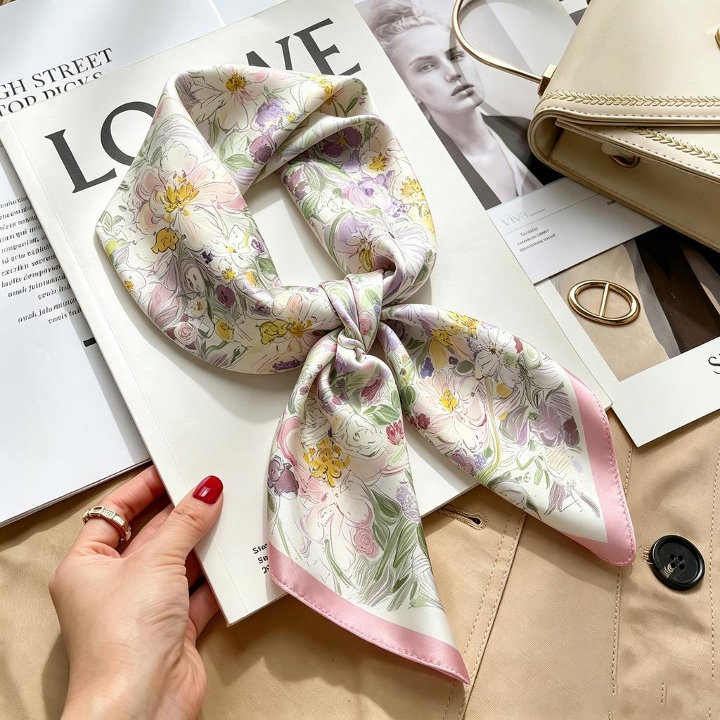 Commuter elegant flower silk scarf women's contrasting color retro printing satin scarf shirt with multi-purpose decorative small scarf