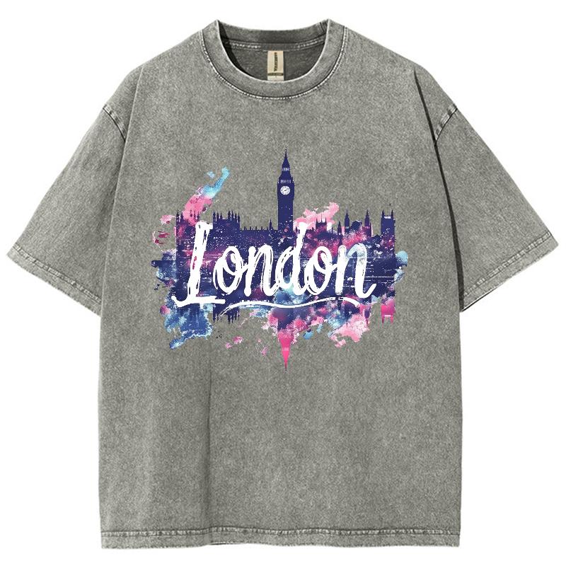 Londyn T-shirt Damski z Nadrukiem Listów Rozpryskanych Tuszem Bawełna Płukana Oversize Krótki Rękaw Moda Marka Modowa Top Uliczny Czarny
