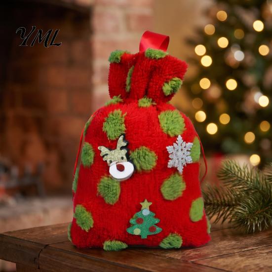 Fluffy Candy Apples Containers Christmas Plush Gift Bag with Drawstring, Soft Santa Sack for Bags Presents, Reusable Holiday Wrapping Pouch Xmas Party