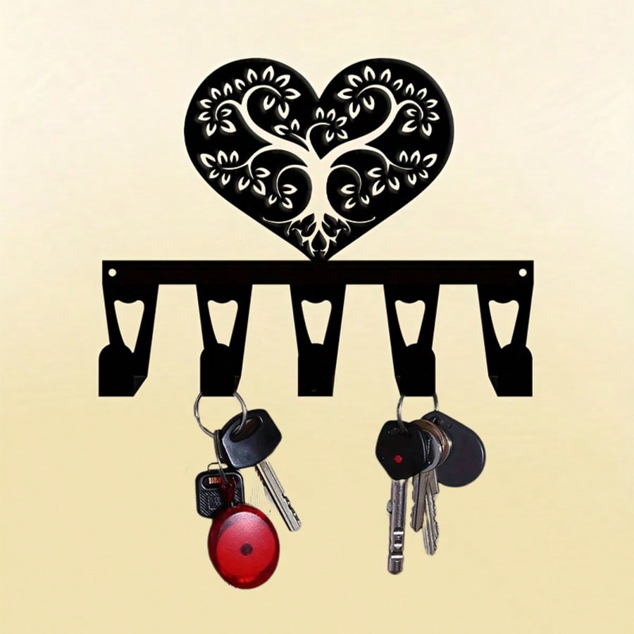 Romantic Heart Key Holder Elegant Metal Wall Decor 5 Hooks Valentine Gift