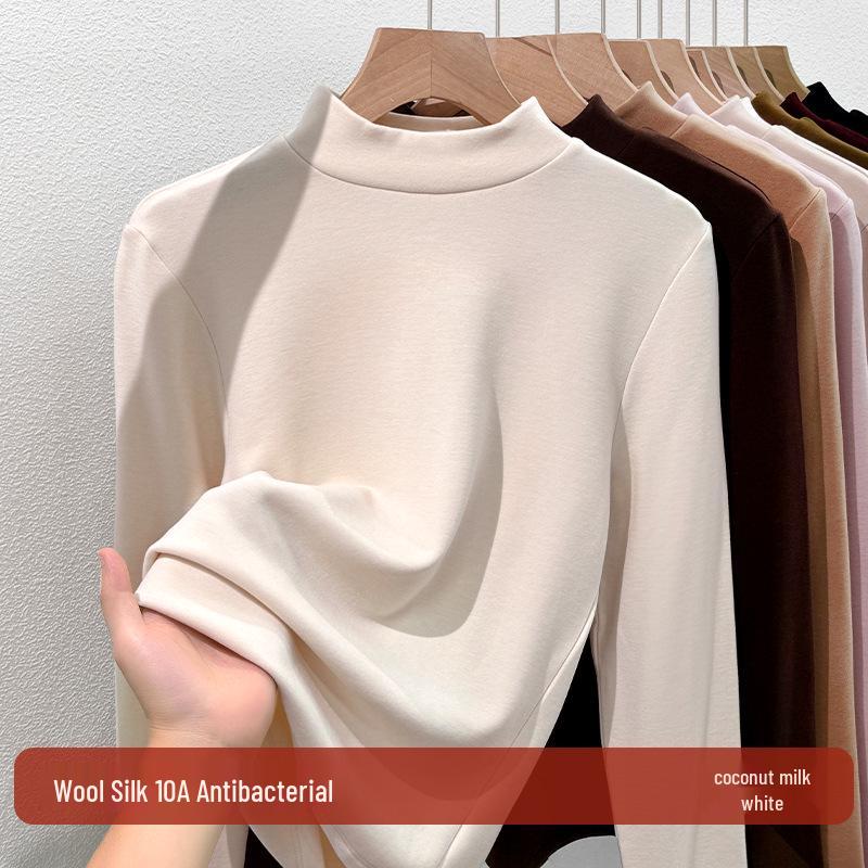 Women's Wool-Blend Base Layer Top: Half-High Collar, Velvet-Lined, Thickened, Silk Lyocell, Warm Long-Sleeved.