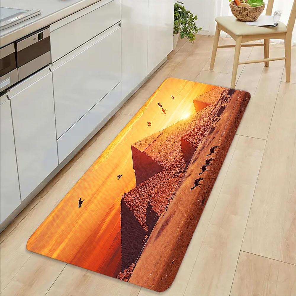 1pc 2D Flat Egypt Pyramids Camels Sunset Desert Landscape Flannel Door Mat Non Slip Travel Theme Rug ForEntrywayHome OfficeDecor