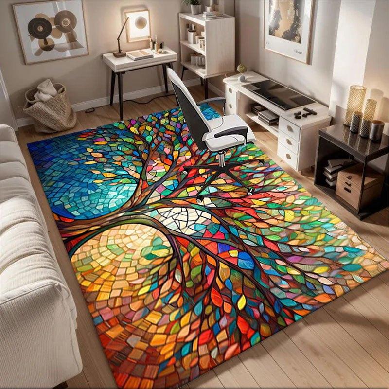 

Colorful Stained Glass Tree Wall Art Print Office Mat Perfect for Home Decor Office Desk Chair Rugs Chair Carpet for office Polyester Chair 60cm by 90cm