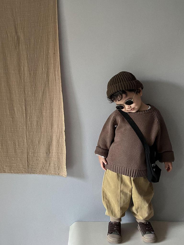 Kids' Spring & Autumn Retro Knit Sweater — Korean Style Raglan Sleeve Pullover for Boys & Girls, 100% Cotton.