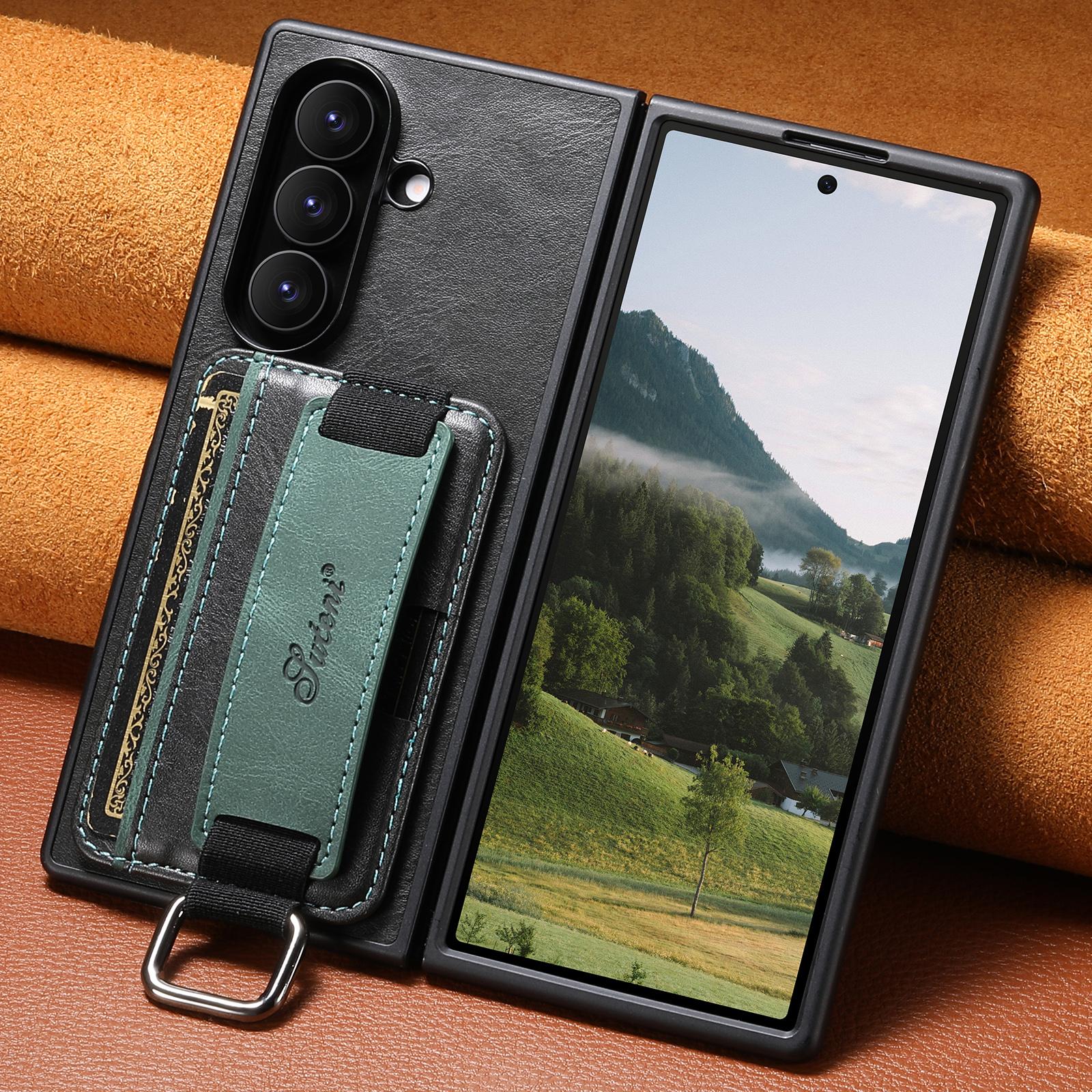 

Phone Case Wrist Strap Ring Buckle Faux Leather Card Holder Stand for Samsung Galaxy Z Fold 7 6 5 Galaxy Z Fold7 чёрный