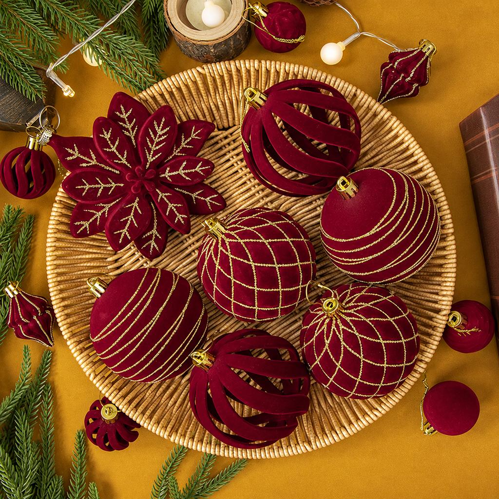 Burgundy Christmas Ornaments Delicate Christmas Ball Ornaments Christmas Ornament Set Flocked For Gift Box Storage