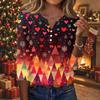 Women's Casual Christmas Print V-Neck Button Three-Quarter Sleeve T-Shirt