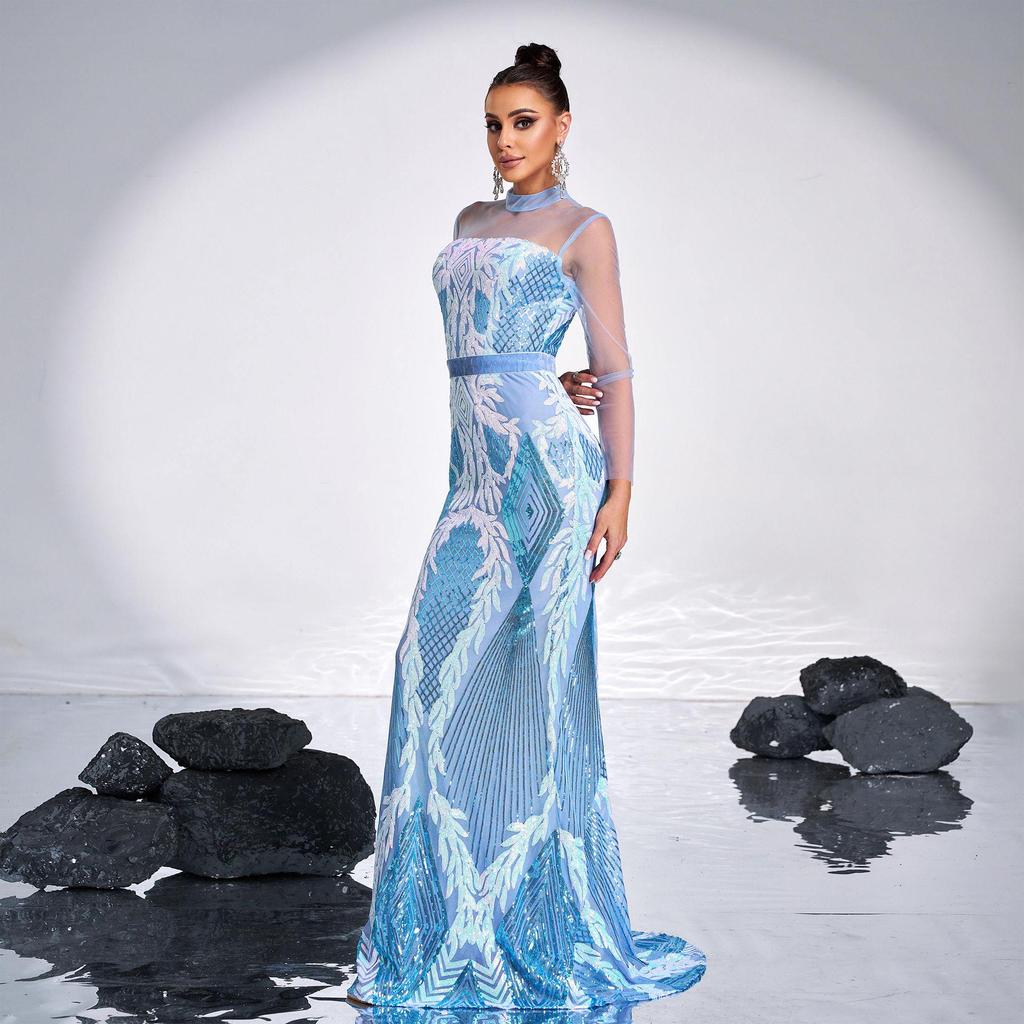 European & American High-End Sequin Mesh Long Evening Dress – Women's Sexy, Elegant, Round Neck, Long-Sleeved Design