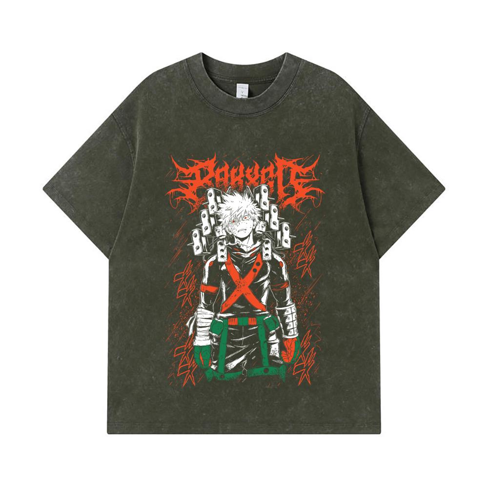 

275 GSM Washed T-shirts 100% Cotton My Hero Academia V24 Bakugo Print Unisex Heavy Cotton T Shirt S армия зеленый