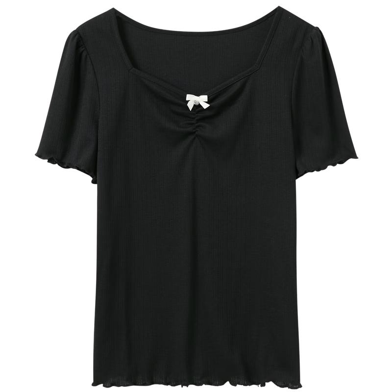 Sancai Plus Size Square Neck Ribbed Bowknot T-Shirt