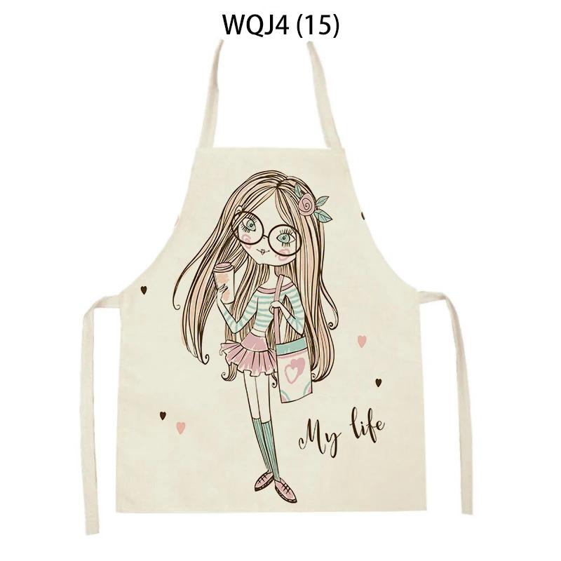 Lovely Cartoon Girl Pattern Linen Sleeveless Kitchen Aprons Women Men Home Cooking Baking Waist Bib Pinafore Antifouling Apron