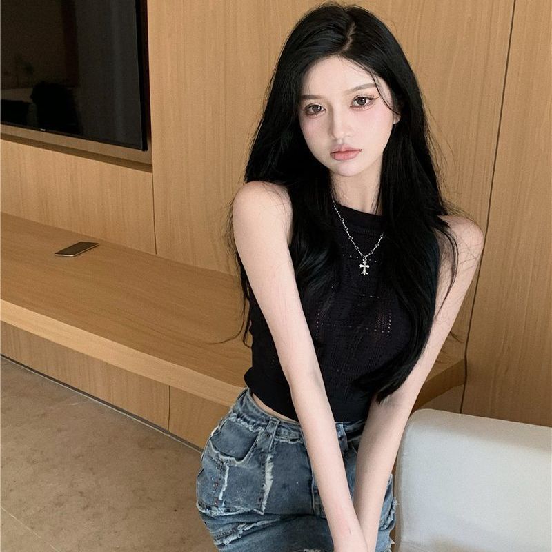 Halter Camisole Tank Top Women's Knitted Inner Wear Summer Elegant Sexy Hollow-out Slim Fit Versatile Short Top