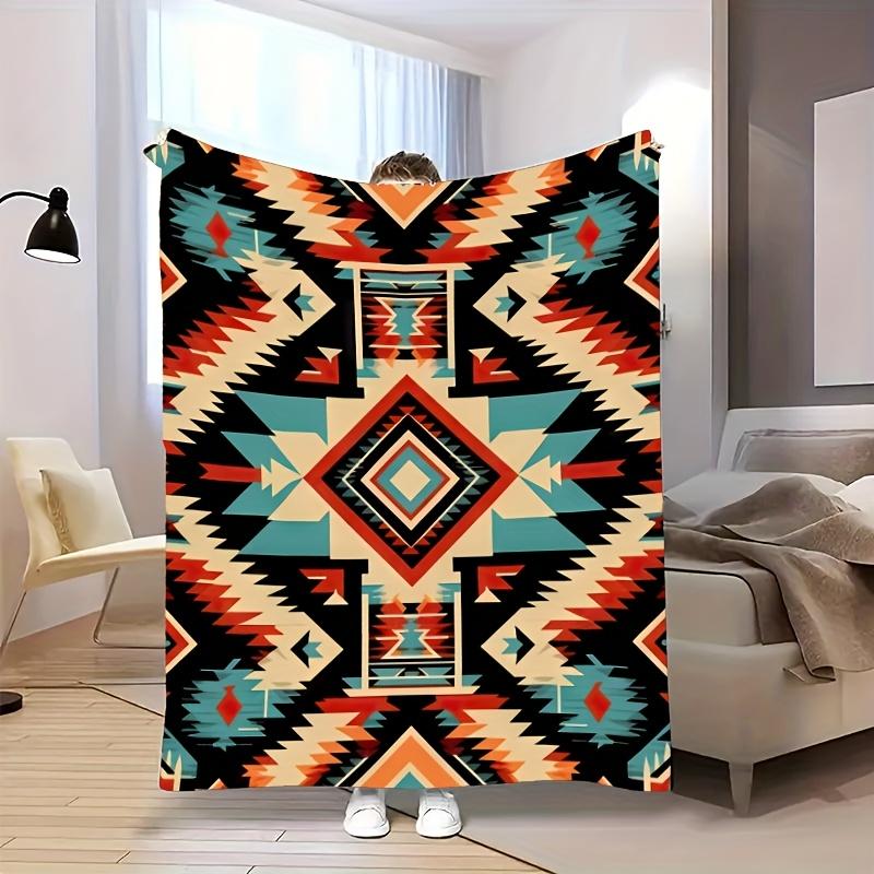 Bohemian Style Geometric Flannel Blanket – Soft, Warm, and Vibrant Aztec-Inspired Design in Orange, Red, Black, and White