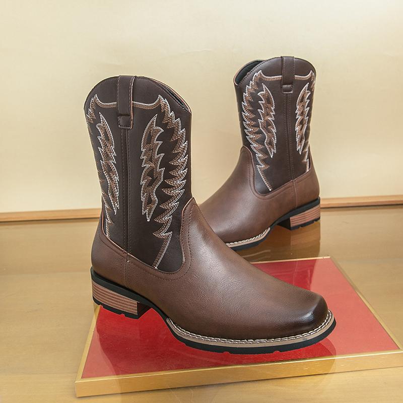 Designer Men's Retro Western Cowboy Boots Mens Fashion Patchwork Embroidery Mid-calf Leather Boot Designer Casual Shoes For Men