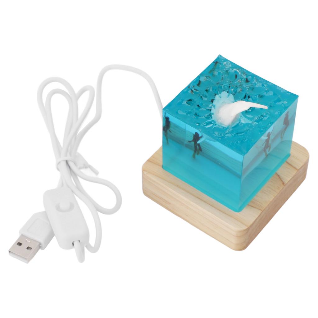 Handcrafted White Whale Night Light Diver Deep Sea Night Lamp with USB Oak Stand RGB Bedside Table