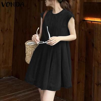 Elegantes Damen Freizeitkleid mit Rundhalsausschnitt, ärmellos, einfarbig, mit Rüschen, A-Linie