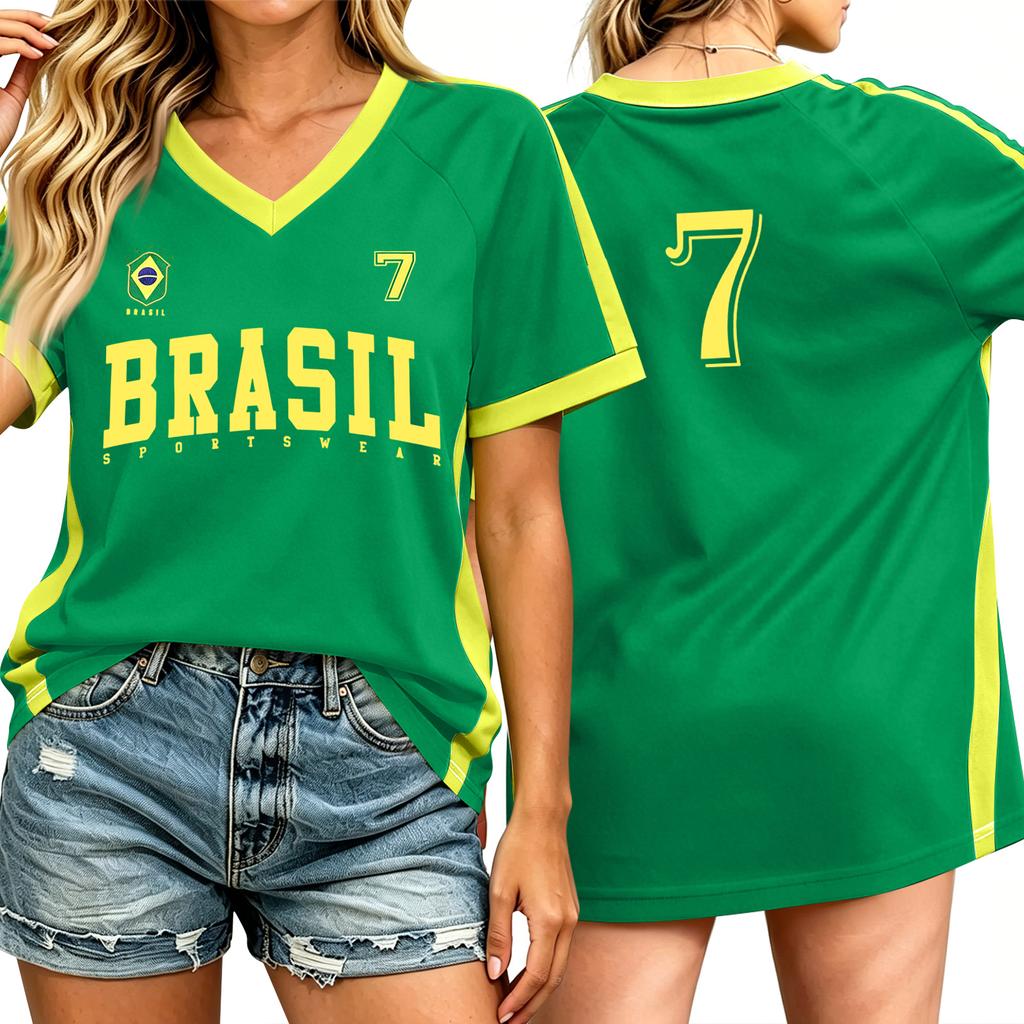 Casual V Neck Raglan Sleeve T Shirt Women Short Sleeve Letter Print Relaxed Fit Top for Sports Outdoor Activities