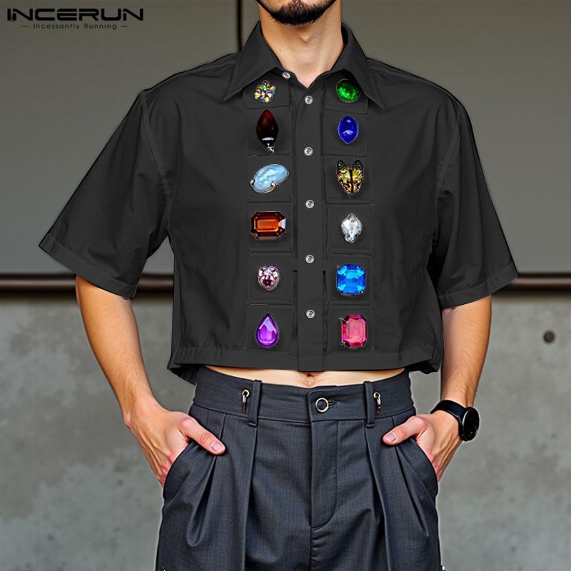 INCERUN Men Lapel Neck Short Sleeve Printing Casual Loose Cropped Shirts