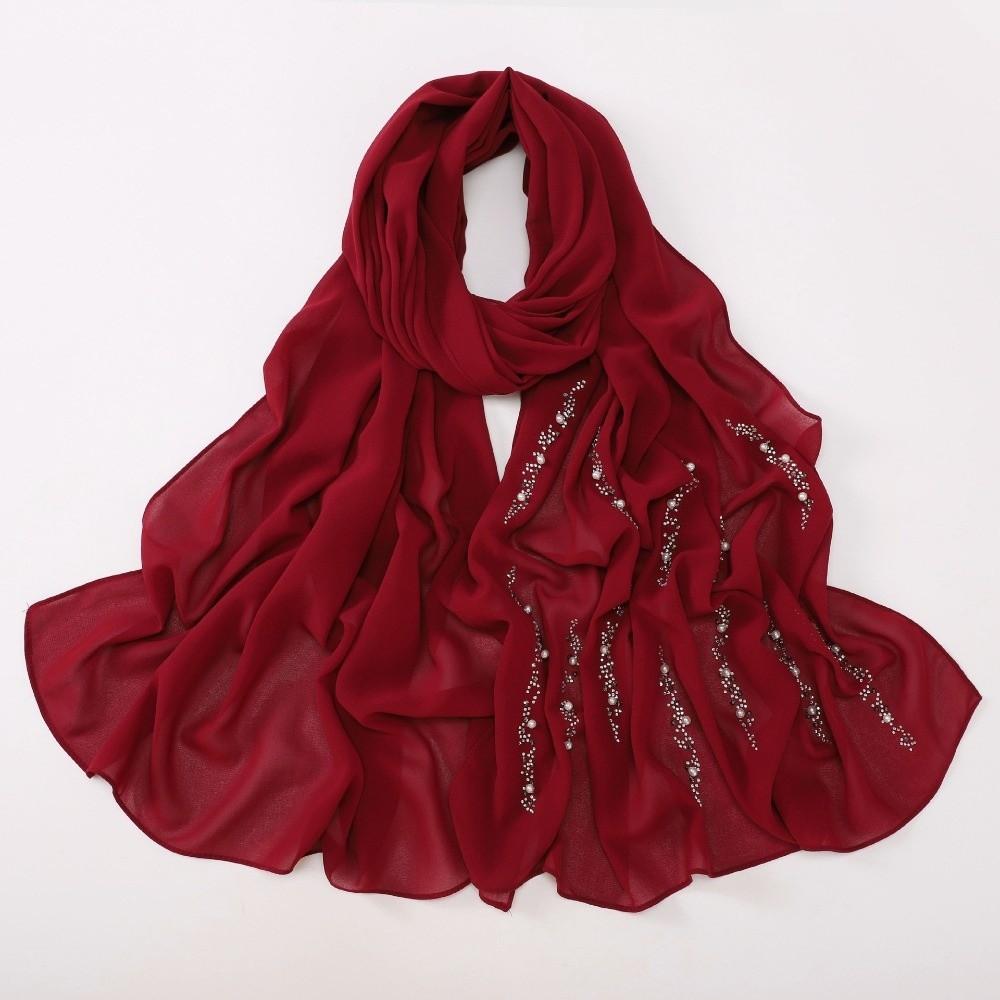 Shimmer Beads Malaysia Shawl Scarf Rhinestone Soft Head Wrap Imitation Pearl Chiffon Hijab Women