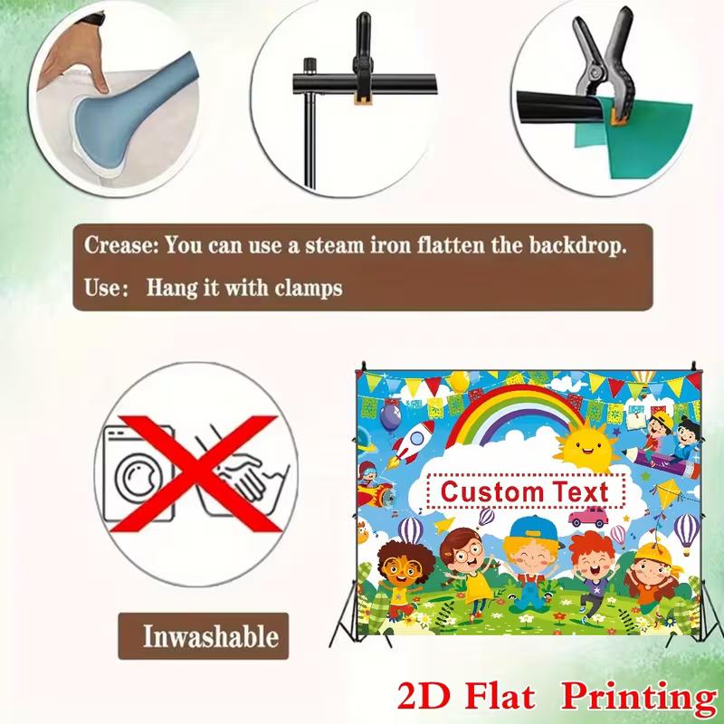 Custom Text Kids Backdrop, Colorful Cartoon Back To School Party Background