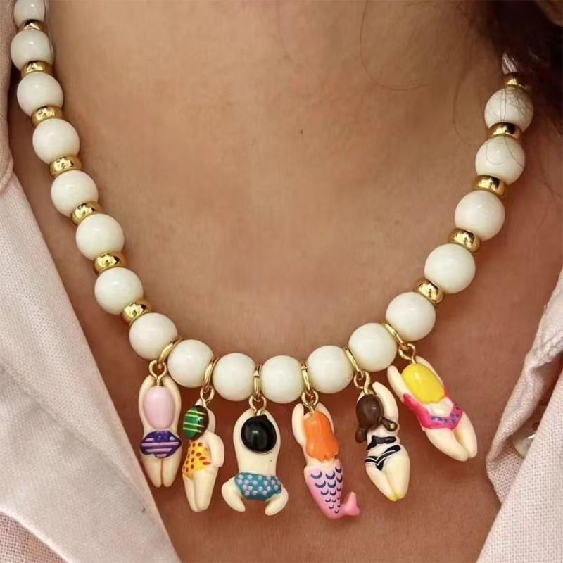 Creative Handmade Bead Bikini Doll Pendant Necklace With Colorful Glass Beads for Kids Beach Party Accessories