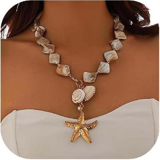 YANCHUN Shell Necklace Beach Jewelry for Women Sea Shell Necklace Layered Gold Shell Charm Necklaces Summer Outfits for Women Beach Fashion