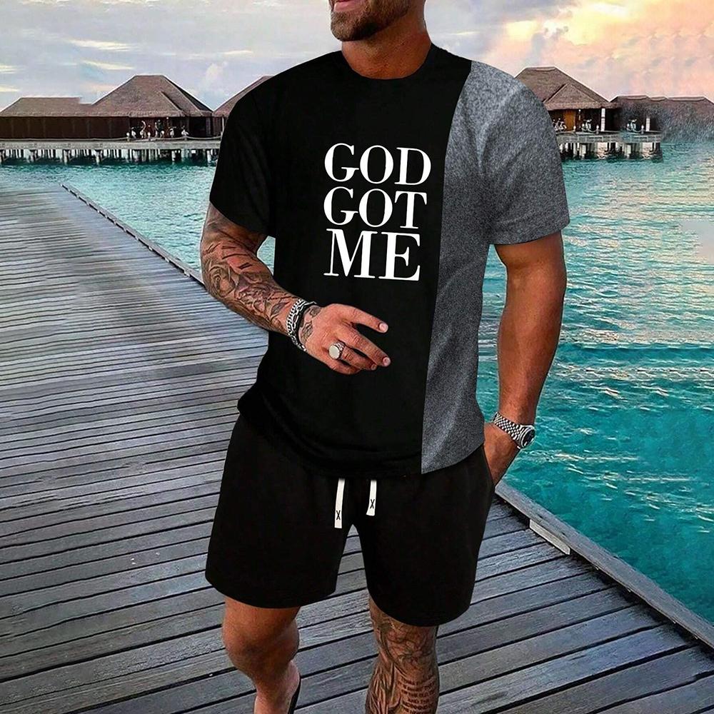 Vyriškas vasarinis 3D raidžių ir gėlių rašto marškinėlių ir šortų su raišteliu rinkinys, sportinė apranga