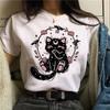 Gothic Cat Print White T Shirt Women Round Neck Short Sleeve Tee Dark Style Women Clothing Aesthetic Tops