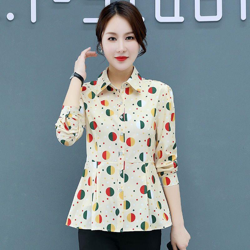 Women Clothing Polka Dot Printed Blouse Commute Long Sleeve Korean Single-breasted  Polo-Neck Fashion Shirt
