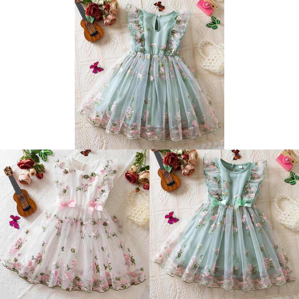 Girl Summer Princess Dress With Embroidered Flowers And Bow For Toddler Girls