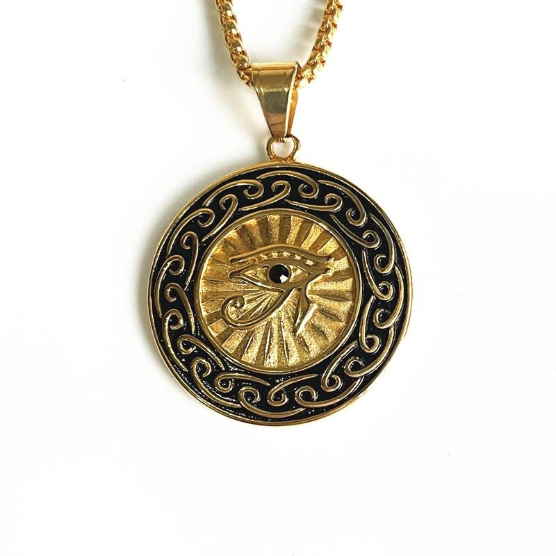 Hip Hop Altes Ägypten Runde Schmuckstücke Collares Goldfarbe Edelstahlkette Ägyptisches Auge des Horus Halsketten & Anhänger
