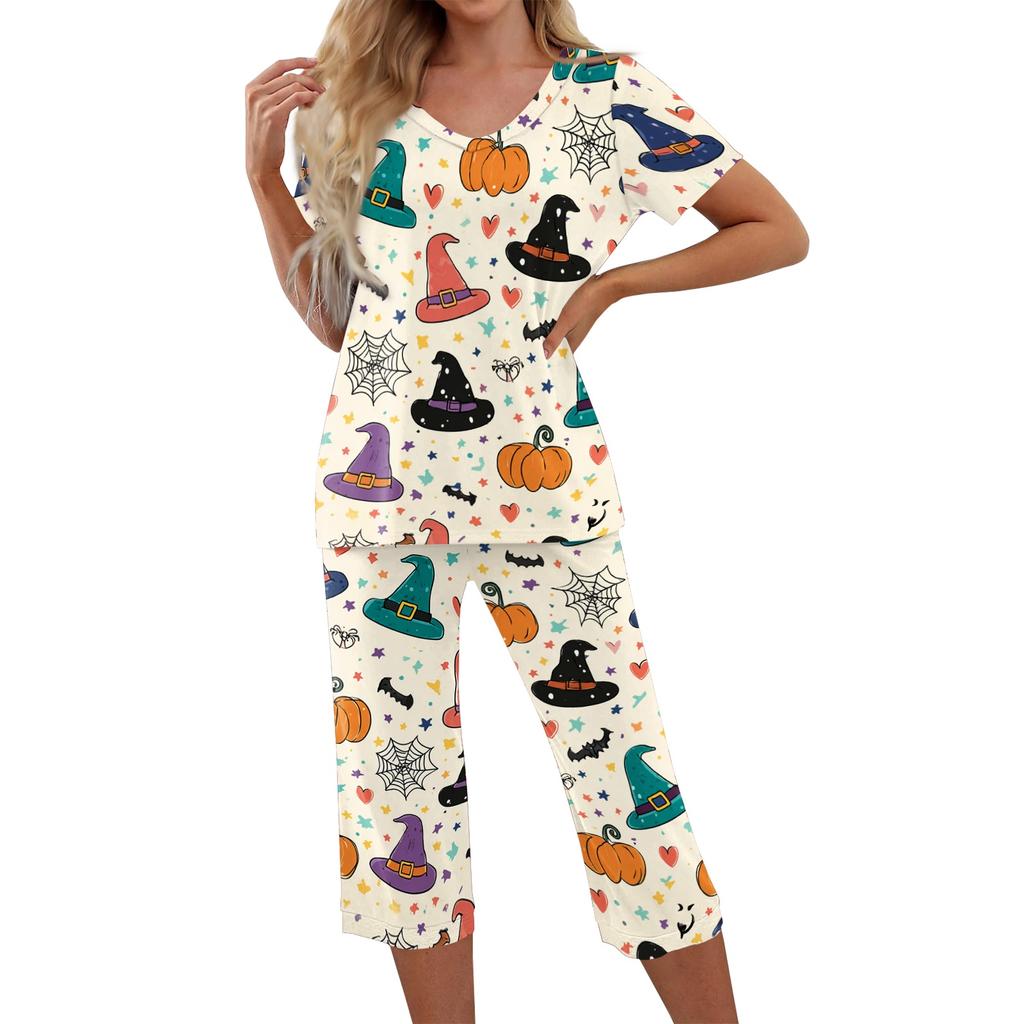 Womens Halloween Two Piece Set Short Sleeve Top with V Neck and Capri Pants Casual Lounge Wear Printed Ghost Pumpkin Pattern