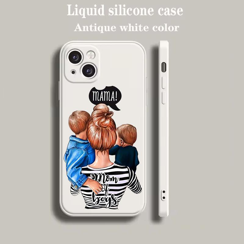 Luxus Farb-Handyhülle Für iPhone 15 14 13 12 mini 11 Pro Max XS X XR SE 7 8 Plus Silikon Beige Hülle Baby Mädchen Mutter Familie