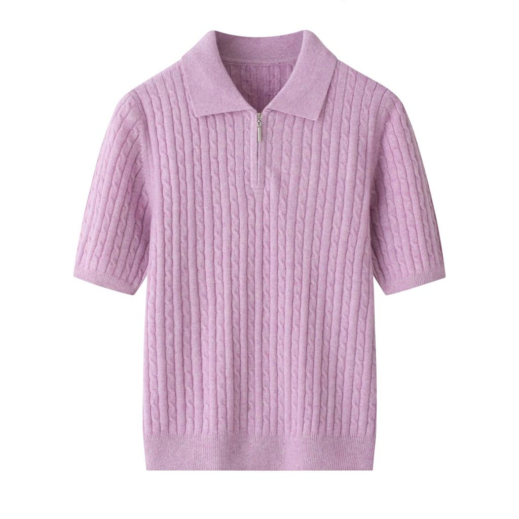 Korean Style Twisted Cable Knit Polo with Retro Cashmere Short Sleeves