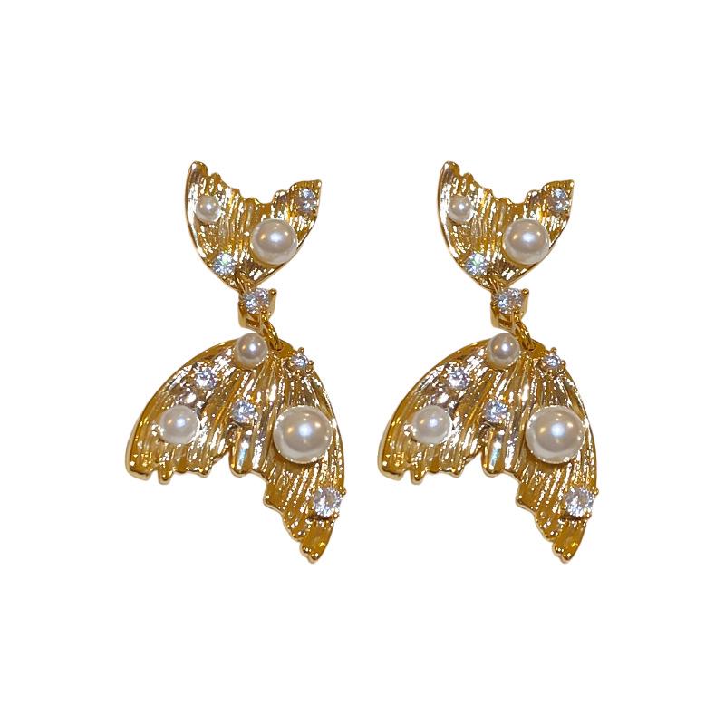 Elegant Zircon Faux Pearl Fishtail Sterling Silver Earrings - French Luxury Design for Women