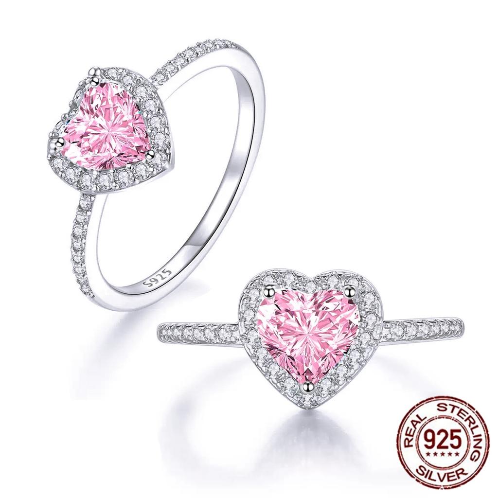 Anello in Argento Sterling 925 Autentico Anello Cuore Rosa d'Amore con Zirconia Cubica per Donne Feste di Fidanzamento Sposa Gioielli CZ Placcato Rodio