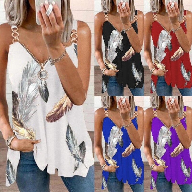 2023 Fashion Sleeveless Leaf Print Blouse For Woman V Neck Zipper Loose Shirts Elegant Casual Stylish Tops Summer Blusas 26506